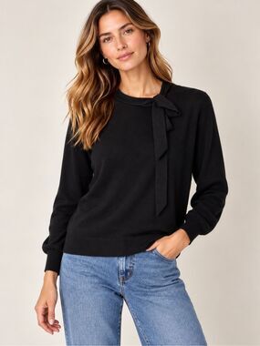 LK Bennett London 100% Wool Tie Neck Sweater Size Small Black Long Sleeve